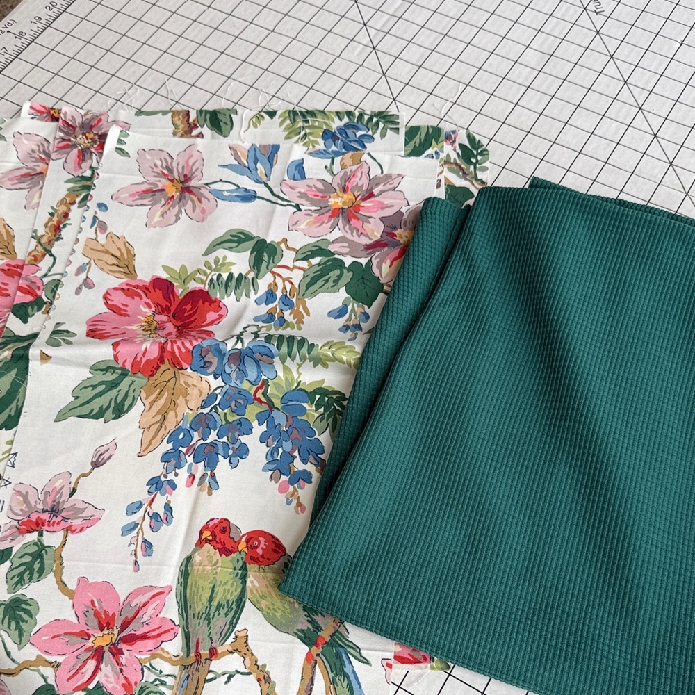 Teal Waffle Polyester Fabric (1.25 yds) + Floral Drapery Remnants
